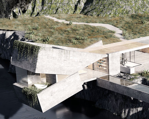 a concrete house cantilevers over a cliff in ecuador, a concept by NADA studio