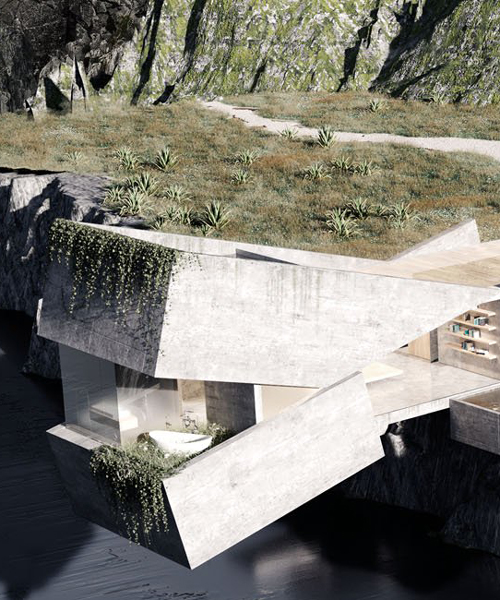 a concrete house cantilevers over a cliff in ecuador, a concept by NADA studio