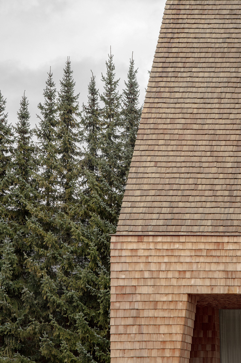 detail of the  hand-split larch shingle façade