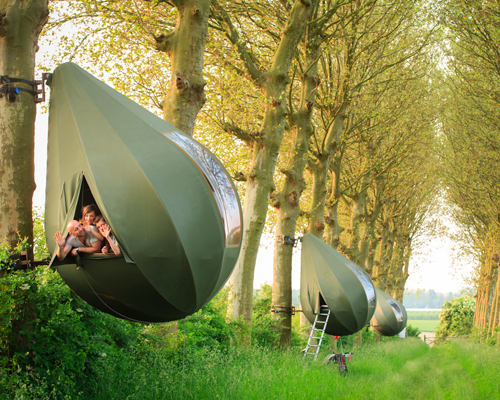 teardrop-shaped tents in belgium let you spend a night hanging from the trees