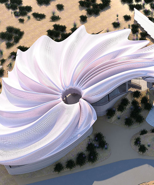 textured feather-like roof tops wetland visitor center proposal in abu dhabi