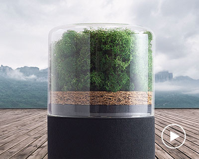 a tiny forest made with biodegradable filter materials, 'briiv' is a natural air purifier