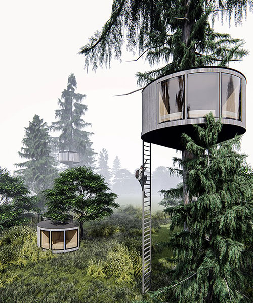 circular treehouse modules by manuel mosquera embrace forest trees in france