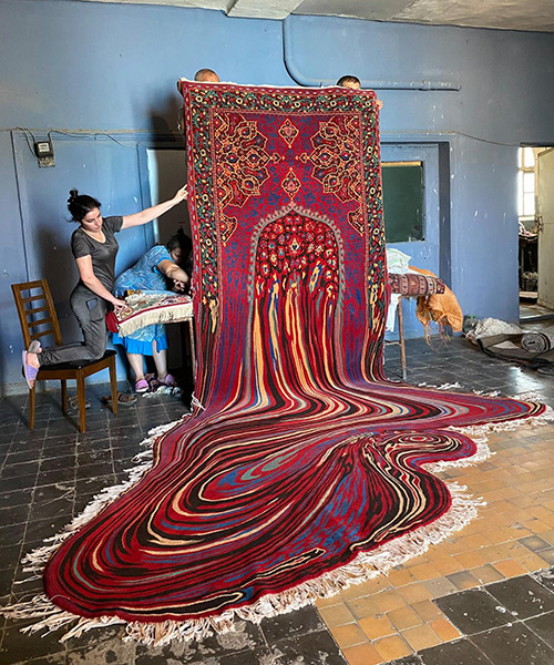 faig ahmed's 'doubts' carpet seemingly drips into a whirling pool of patterns