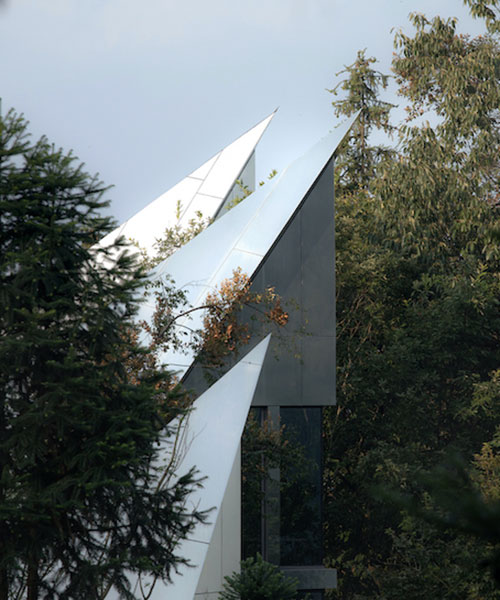 futuristic reflective cabins with pointy roofs emerge from dense forest in china