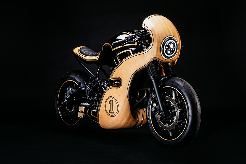 beech wood carving fronts george woodman garage's yamaha XSR700 motorbike