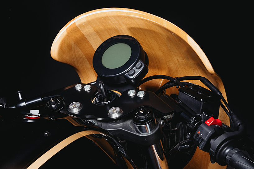 beech wood carving fronts george woodman garage's yamaha XSR700 motorbike