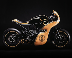 beech wood carving fronts george woodman garage's yamaha XSR700 motorbike