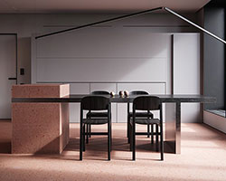 red pigment micro cement surfaces add playful touch to minimalist apartment in ukraine