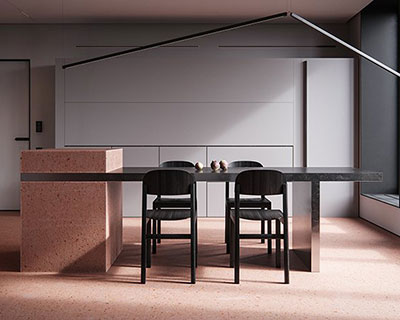 red pigment micro cement surfaces add playful touch to minimalist apartment in ukraine