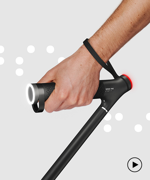 sense five is a smart white cane with surface-changing handle to aid the visually impaired