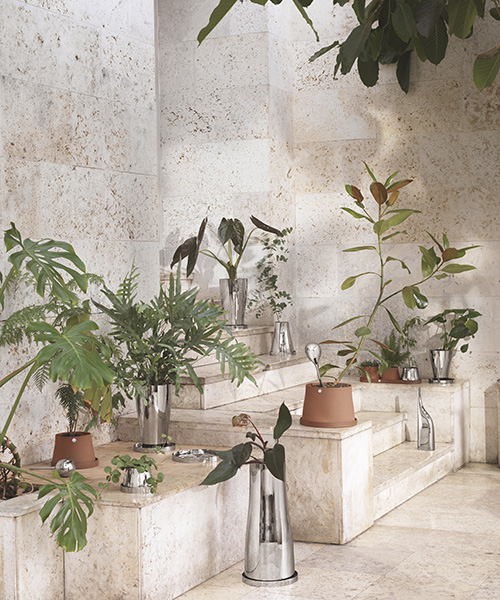 snøhetta's terra is a plant accessory series in terracota & stainless steel for georg jensen