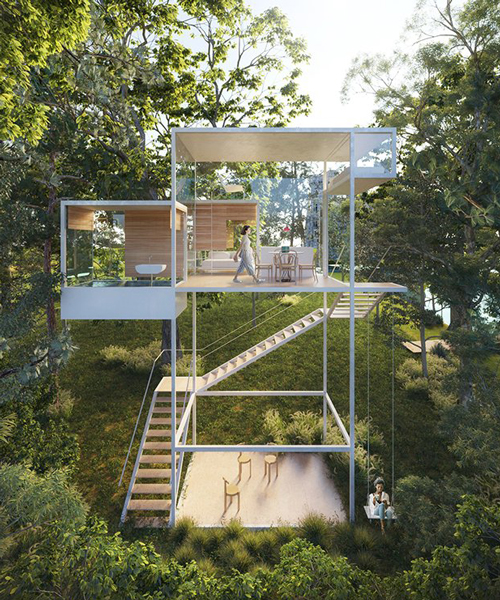 live among the trees with these modular treehouses designed for 8 forested sites in france