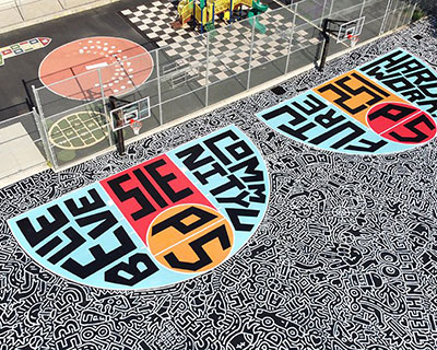 timothy goodman illustrates large basketball court for students in brooklyn, new york