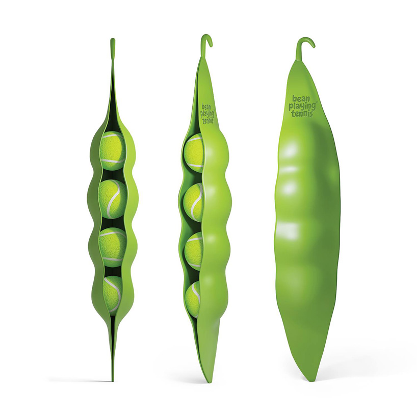 gigantic green bean serves as tennis ball packaging in bowler & kimchi's 'bean playing tennis'