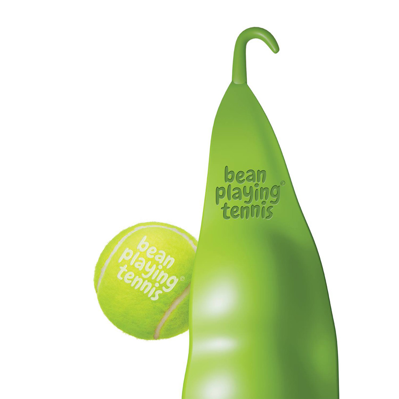 gigantic green bean serves as tennis ball packaging in bowler & kimchi's 'bean playing tennis'