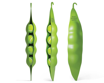 gigantic green bean serves as tennis ball packaging in bowler & kimchi's 'bean playing tennis'
