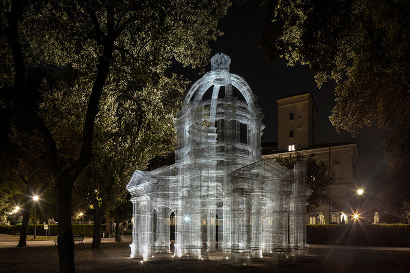 night view of edoardo tresoldi's wire mesh 'etherea' installation in rome