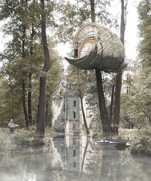 goepel & baumgarten's treehouse modules in france draw influence from wasp nests