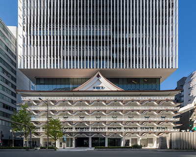kengo kuma's completed 'hotel royal classic' floats above osaka heritage building