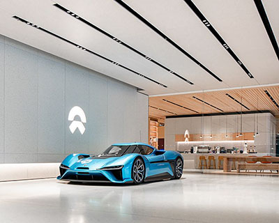 RAAMS adorns NIO flagship store in china with reflective ceilings & wooden surfaces