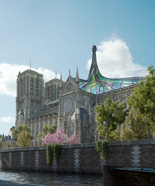 a stained glass roof twists into a spire for this alternative vision of notre dame cathedral