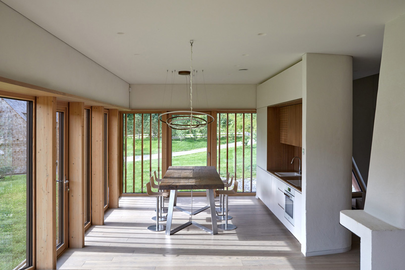 interior of cedar house by arches in lithuania