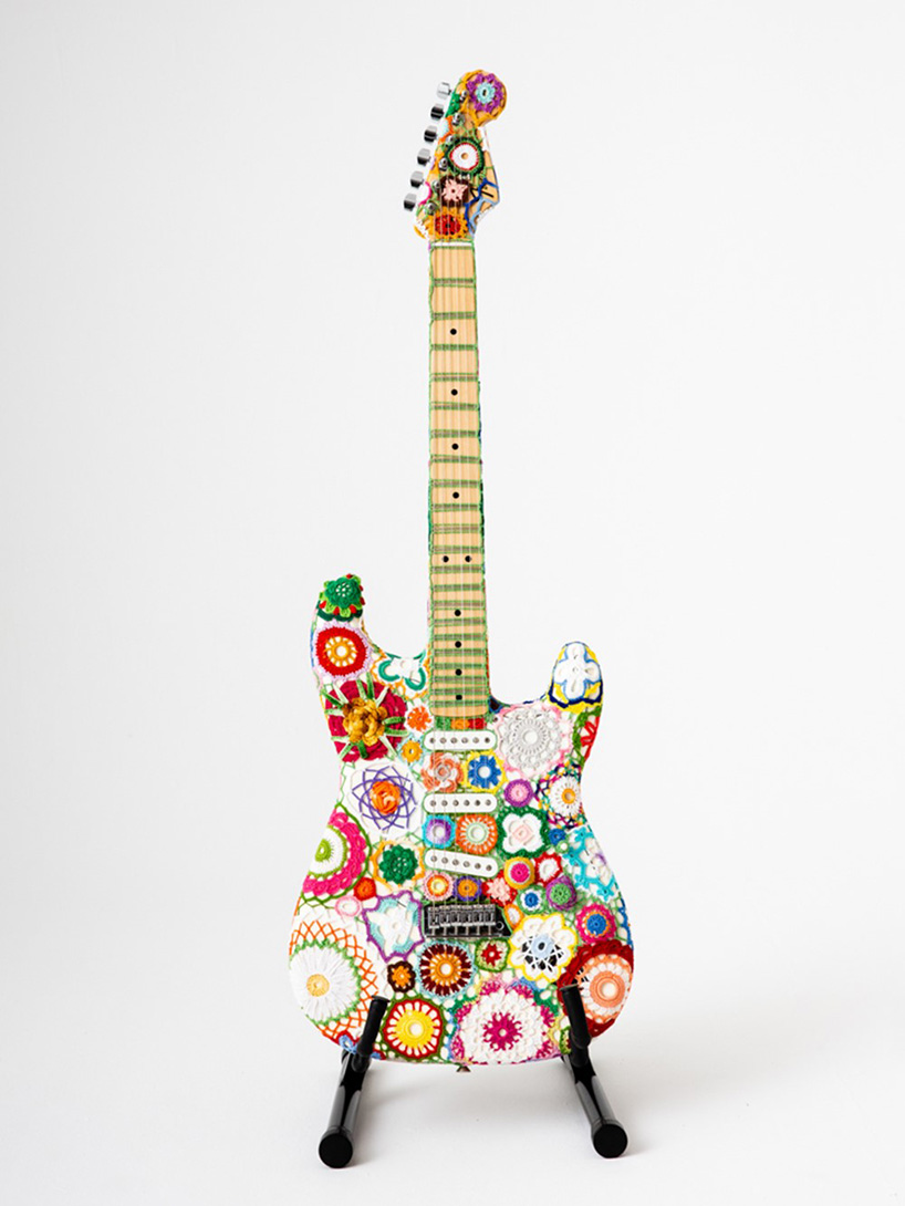 joana vasconcelos wraps a fender stratocaster guitar with technicolor floral crochet flower power