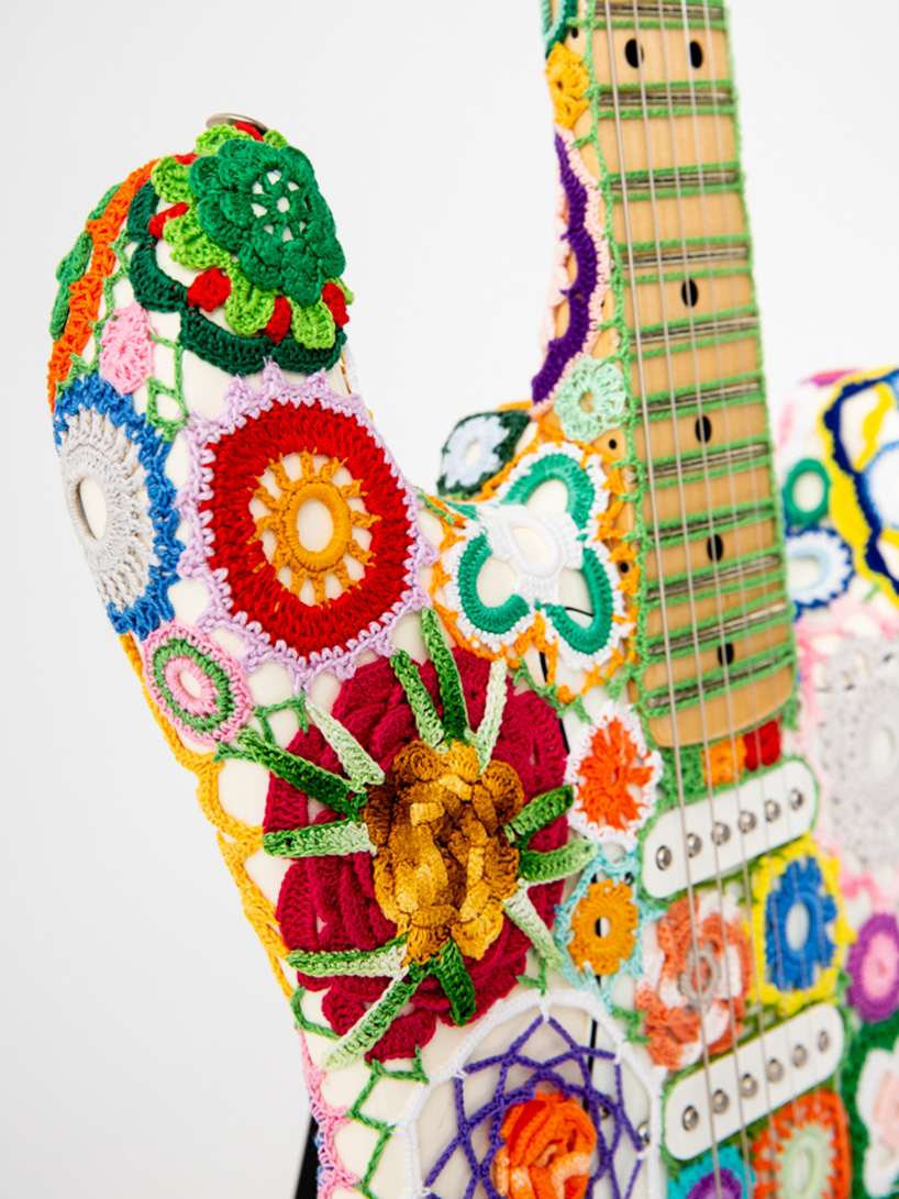 Music First Original Design, 2 inch Width (5cm), Vintage Style Hand Made Crochet Colorful Flowers Electric Guitar Strap