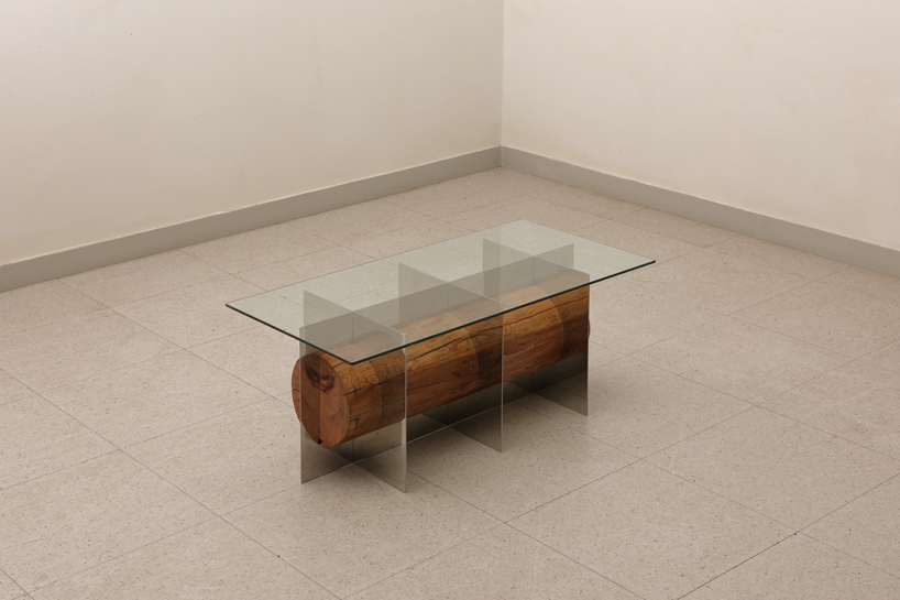 shinkyu shon fuses timber with metal and glass for 'split' furniture collection designboom