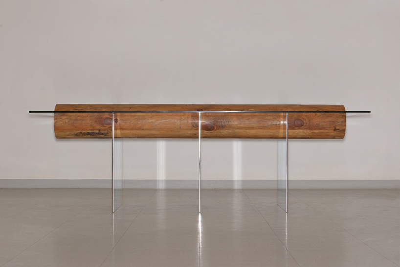 shinkyu shon fuses timber with metal and glass for 'split' furniture collection designboom