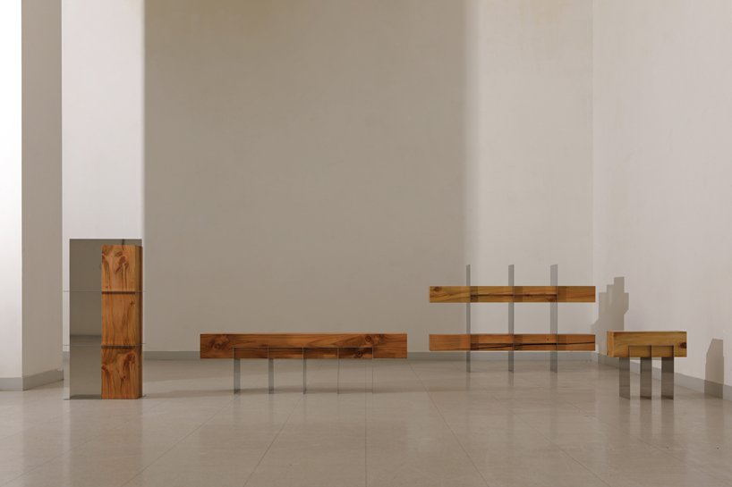 shinkyu shon fuses timber with metal and glass for 'split' furniture collection designboom
