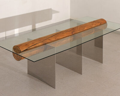 timber columns fuse with metal + glass for shinkyu shon's 'split' furniture collection