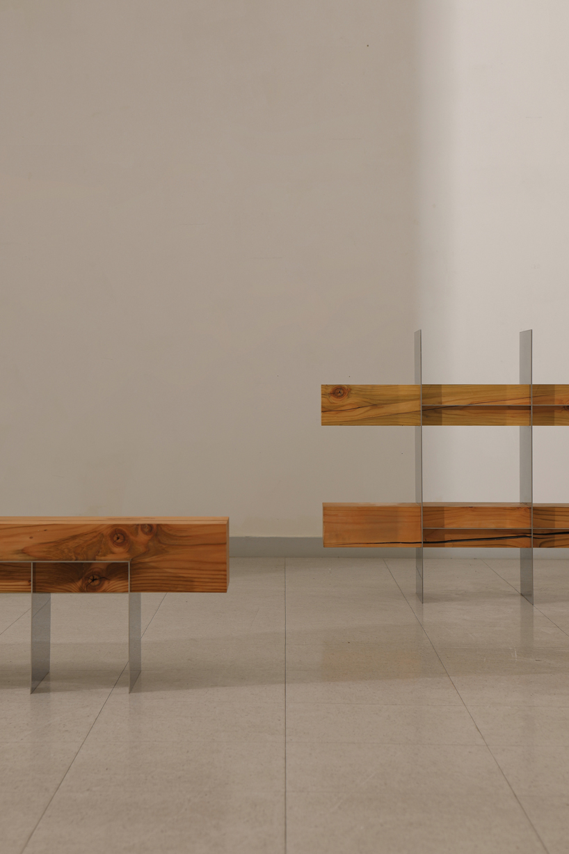shinkyu shon fuses timber with metal and glass for 'split' furniture collection designboom