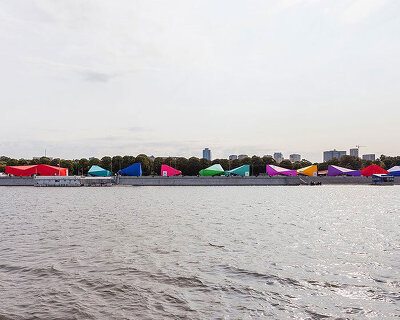 sknypl designs colorful polyhedral pavilions for russian creativity week 2020