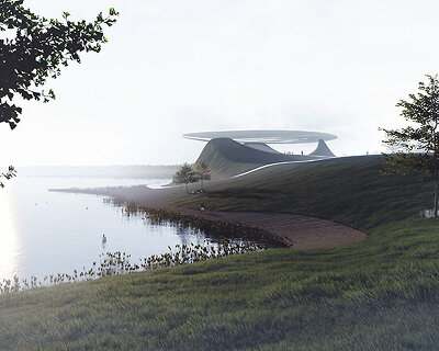 technology center by reform in china hovers above xinglong lake like an interstellar halo