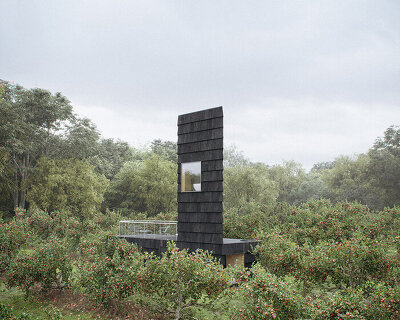 WOJR designs six small towers among NY orchard with uncanny formal qualities