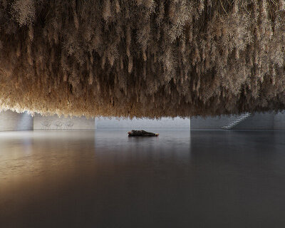 tadao cern suspends a cloud of dried grass strands in immersive installation 'french exit'