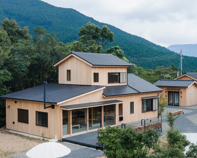 KURU + coil kazuteru matumura architects complete a cedar-clad hostel in rural japan