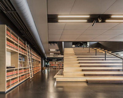 large library & 'agora' gathering space organize law firm office interior by esrawe in mexico
