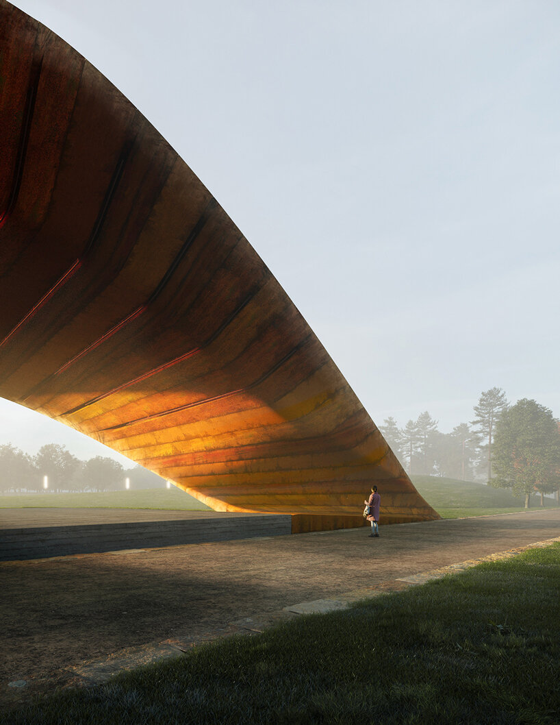 trahan architects + spackman mossop michaels plan corten steel pavilion for park in arkansas