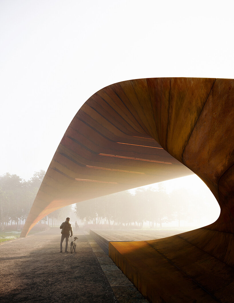 trahan architects + spackman mossop michaels plan corten steel pavilion for park in arkansas