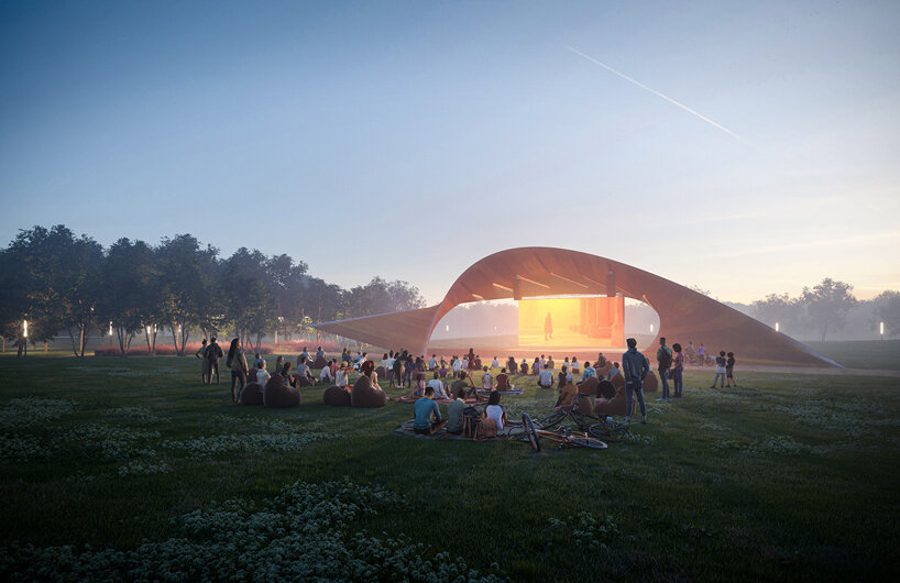 trahan architects + spackman mossop michaels plan corten steel pavilion for park in arkansas