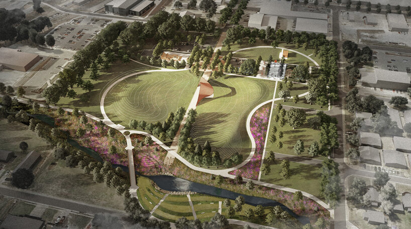 trahan architects + spackman mossop michaels plan corten steel pavilion for park in arkansas