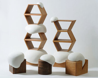 blobs of white fuse with solid timber for bomi kim's 'unfamiliar' furniture series