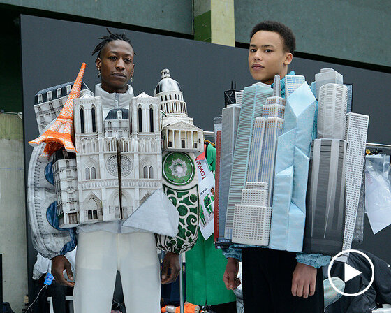 virgil abloh designs wearable cityscape jackets as part of louis vuitton men's FW 2021 show