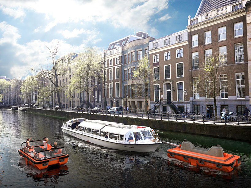 the roboat II by MIT is an autonomous vessel that can carry passengers around amsterdam