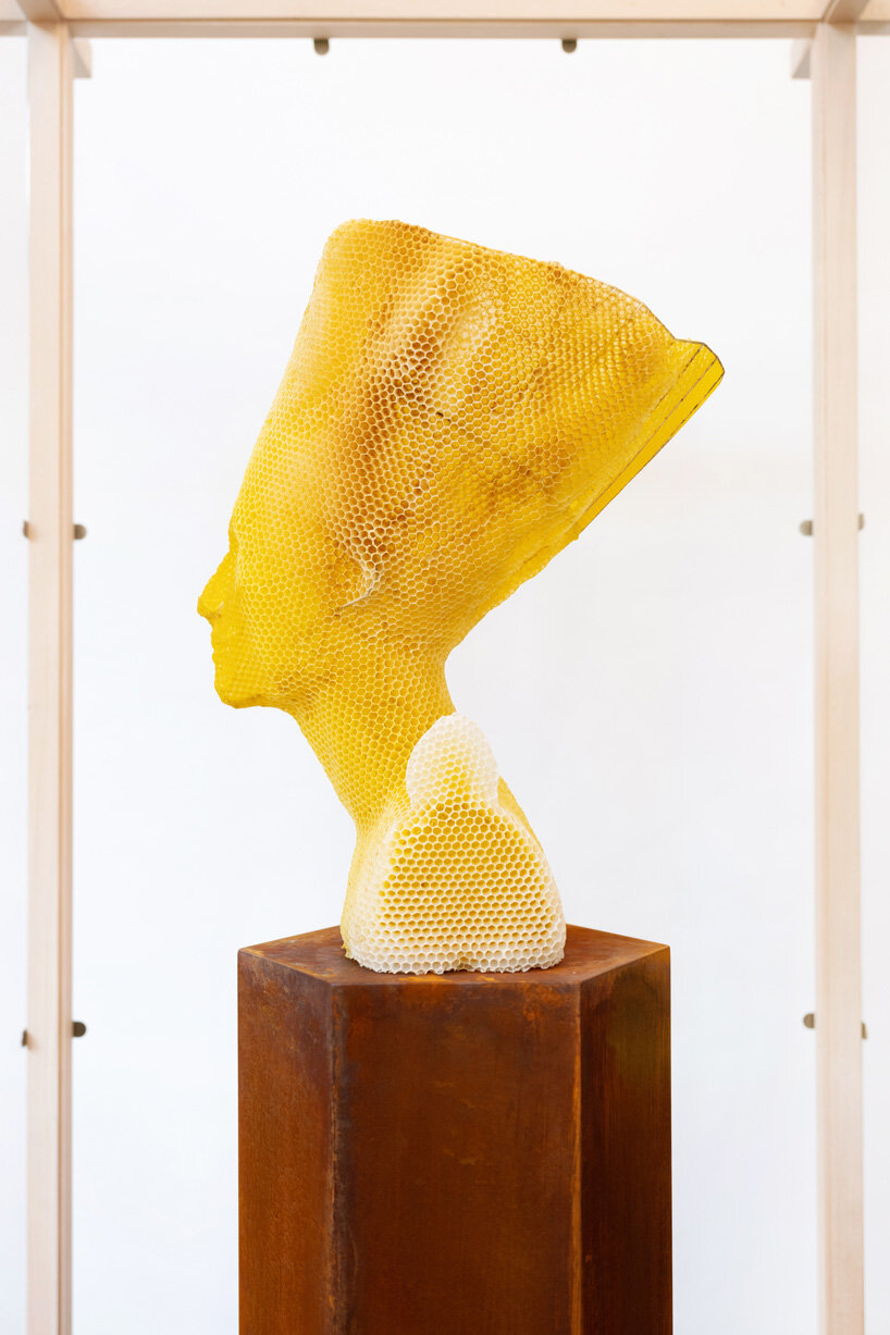tomáš libertíny sculpts beeswax version of the nefertiti bust together with 60.000 honeybees