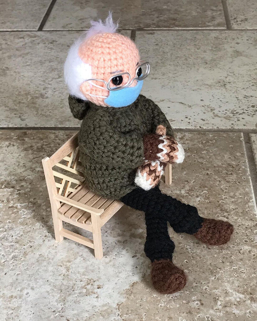 this adorable bernie sanders crochet doll is up for auction and the bidding is high