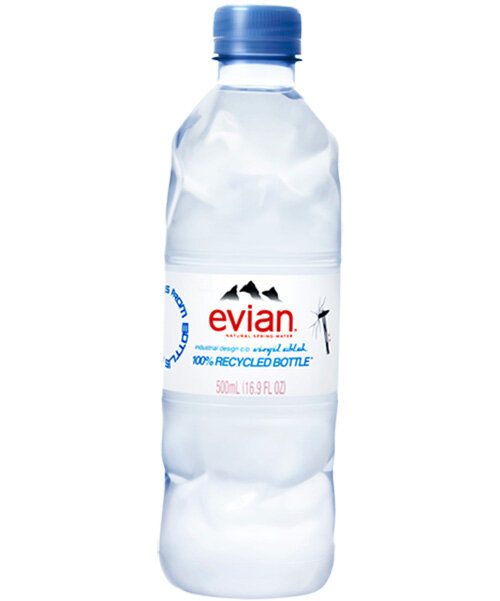 virgil abloh unveils a hammered 100% recycled plastic water bottle for evian